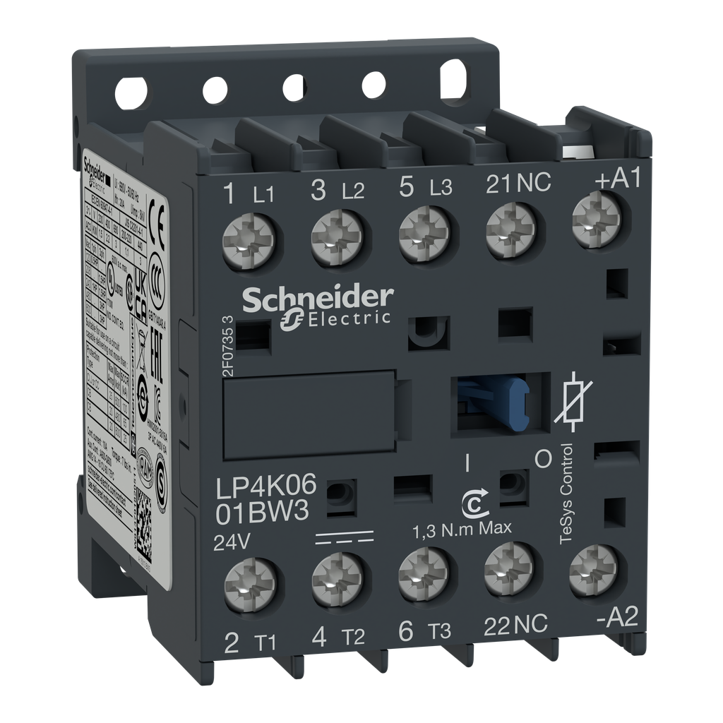 LP4K0601BW3 - Contactor, TeSys K, 3P, AC-3, lt o eq a 440 V, 6 A, 1 NC aux, bobina 24 V CC