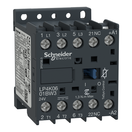 LP4K0601BW3 - Contactor, TeSys K, 3P, AC-3, lt o eq a 440 V, 6 A, 1 NC aux, bobina 24 V CC