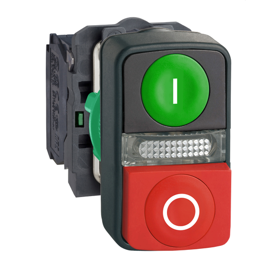XB5AW73731B5 - Pulsador doble iluminado, Harmony XB5, plástico, 22 mm, 1 verde rasante I + 1 piloto + 1 rojo saliente O, 1 NA + 1 NC