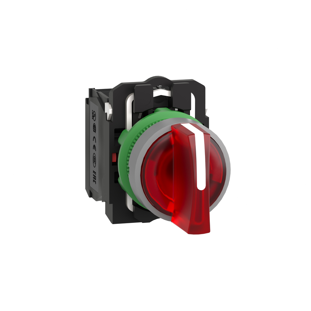 XB5AK134M5C0 - Selector luminoso, Harmony XB5, bisel gris, mango rojo, 22 mm, LED universal, 3 posiciones, 1 NA + 1 NC, 230 V CA