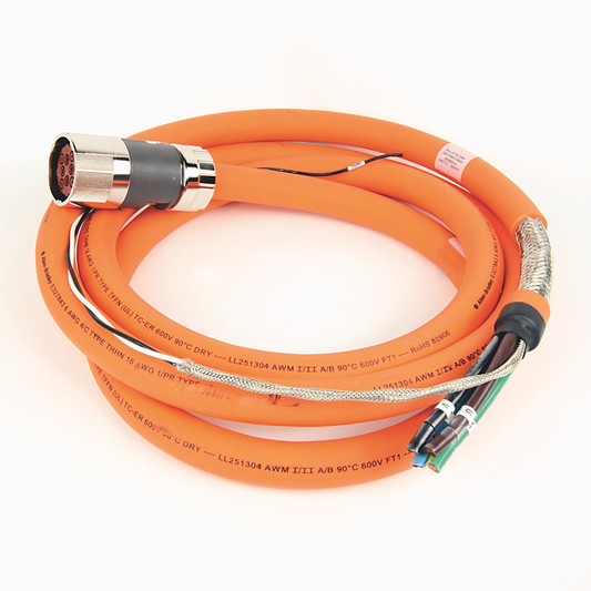 2090-CPBM7DF-04AA09 - SpeedTEC Cable, Motor Power With Brake Wires, SpeedTec DIN Connector, Drive-end, Flying-lead, 4 AWG, Standard (Non-Flex), 9 Meters