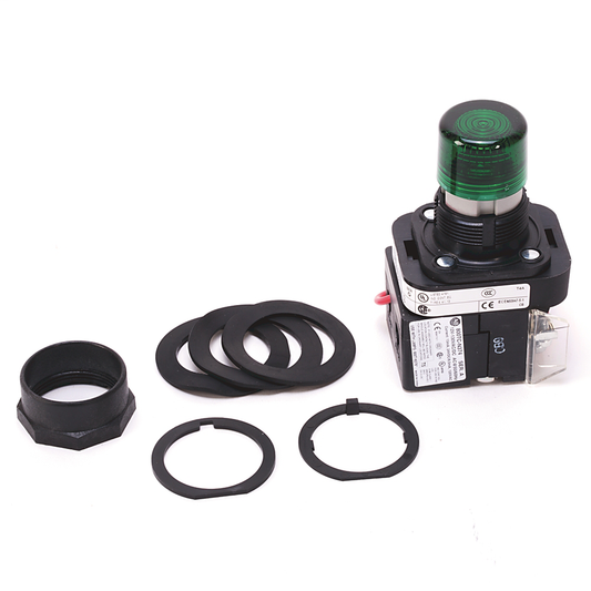 800H-QRTH2GAY - Luz piloto LED verde tipo 4/4X/13 de 30,5 mm, 12-130 V CA/CC, 1 NA - 1 NC, interruptor sellado apilable