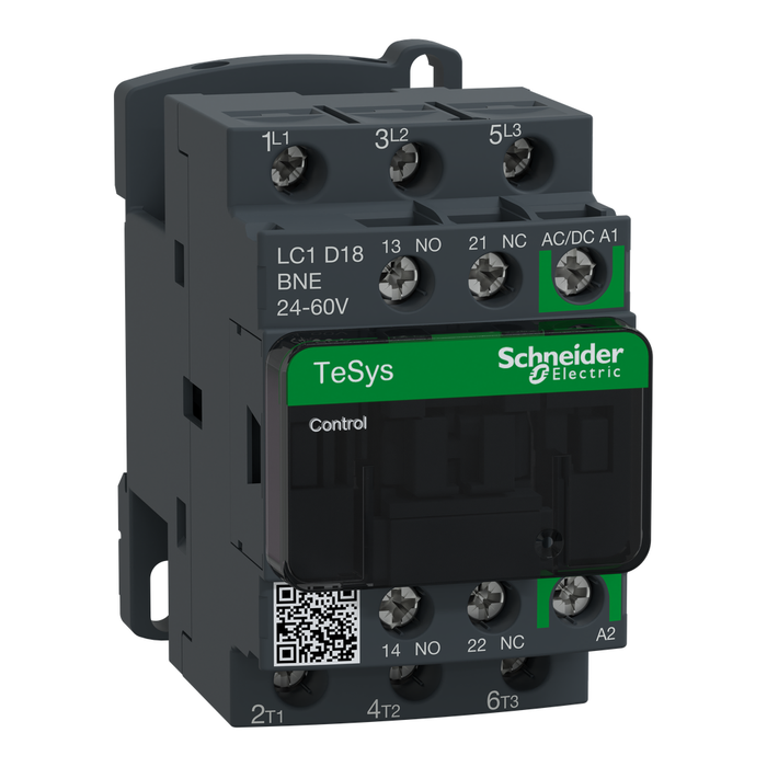 LC1D18BNE - IEC contactor, TeSys Deca Green, nonreversing, 18A, 10HP at 480VAC, up to 100kA SCCR, 3 phase, 3 NO, 24/60VAC/VDC coil