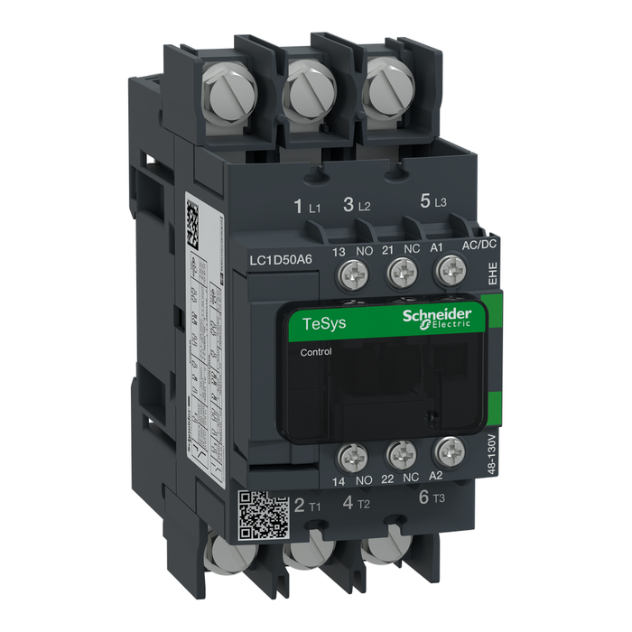 LC1D50A6EHE - IEC contactor, TeSys Deca Green, nonreversing, 50A, 40HP at 480VAC, 3 phase, 3 pole, 3 NO, 48/130VAC/VDC coil, open style