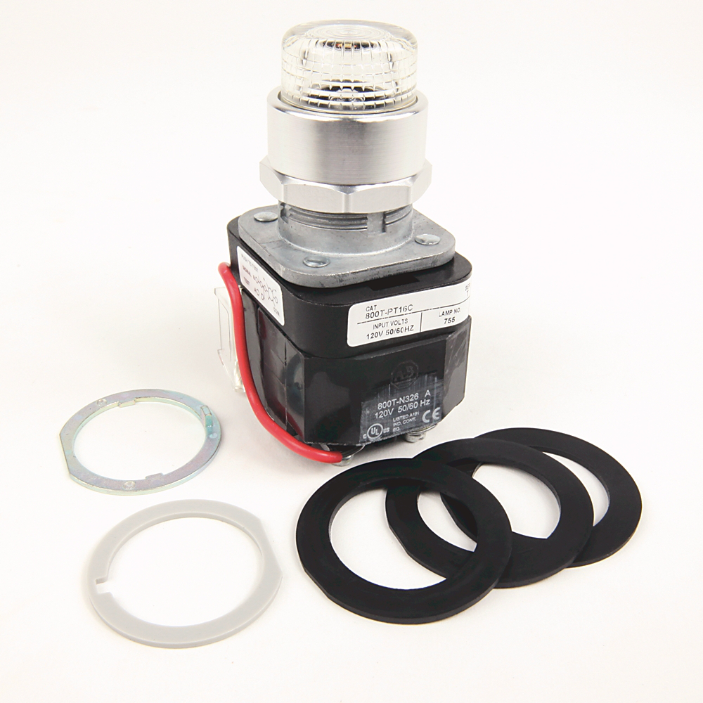 800T-PT16C - 30.5mm Type 4/13 Pilot Light, Xfmr, Push-to-Test, Incand., Clear, 120V AC 50/60 Hz, 1 NO-1 NC