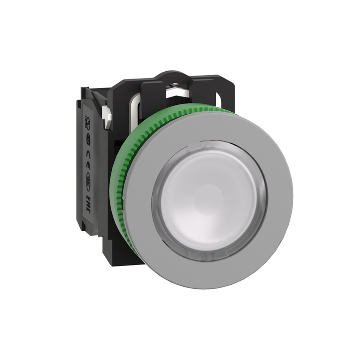 XB5FW31M5C0 - Illuminated push button, Harmony XB5, grey bezel, white flush mounted, 30mm, universal LED, 1NO + 1NC, 230V AC