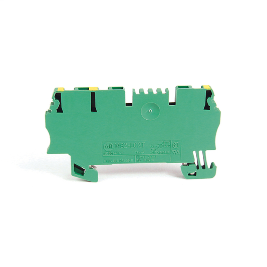 1492-LG2T - Spring Clamp Terminal Block,One-Circuit Feed-Through Ground Block,1.5 mm (# 22 AWG - # 16 AWG),2 Connection points on one side,Green / Yellow Stripe (Standard)