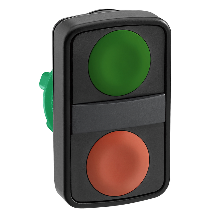 ZB5AA7340 - Head for double headed push button, Harmony XB5, 2 rectangular green/red flush, 22mm, spring return, unmarked