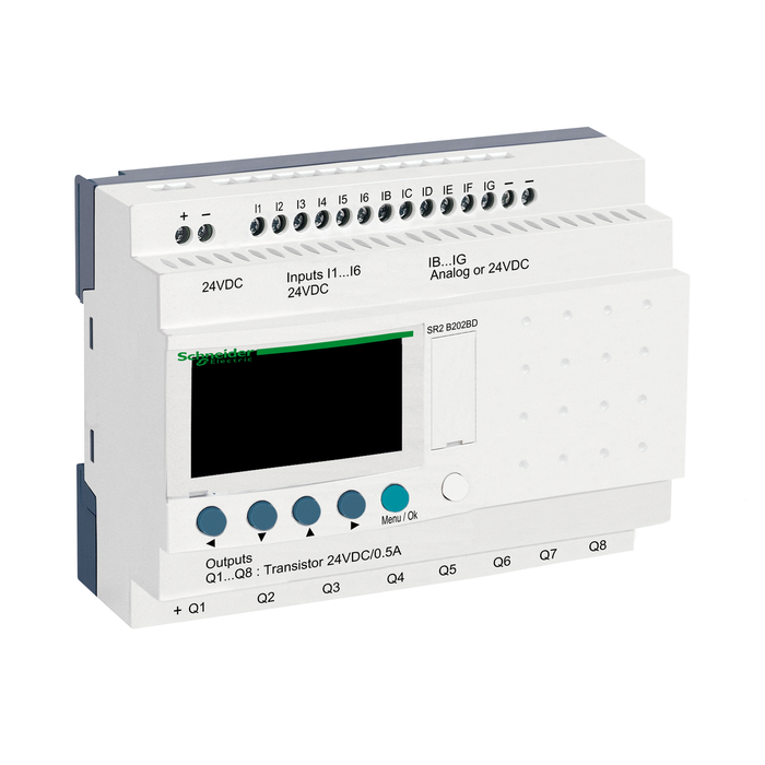 SR2B202BD - compact smart relay, Zelio Logic SR2 SR3, 20 IO, 24V DC, clock, display, 8 transistor outputs