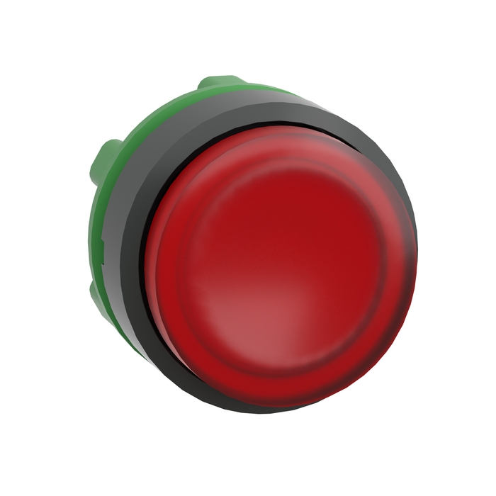 Head for illuminated push button, Harmony XB5, plastic, red projecting, 22mm, universal LED, spring return, plain lens