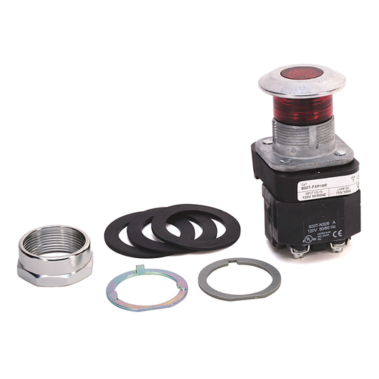 800T-FXP16RD4 - 30.5mm Type 4/13 2 Pos. PB-Illum., Push-Pull, Red, Mushrm Hd, Incand., 120V AC 50/60 Hz, 1 NCLB