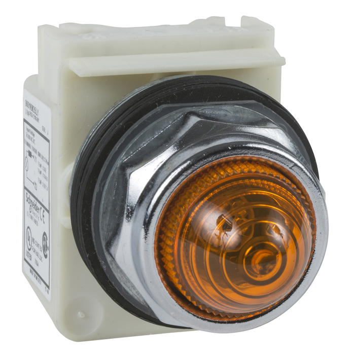 9001KP38LYA9 - Pilot light, Harmony 9001K, metal, polycarbonate, domed, amber, 30mm, LED yellow, 120V