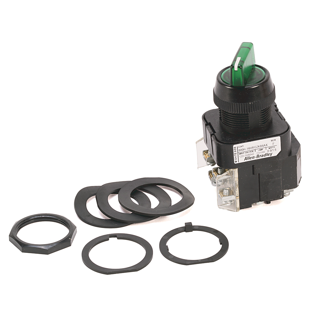 800H-24HRG2KB6AA - Interruptor selector tipo 4/4X/13 de 30,5 mm, iluminado, 2 pos., voltaje completo, 24 V CA/CC, verde, mantenimiento estándar por perilla, leva KB6, 1 NA-1 NC