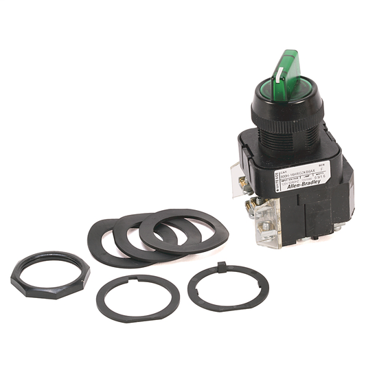 800H-24HRG2KB6AX - Interruptor selector tipo 4/4X/13 de 30,5 mm, iluminado, 2 pos., voltaje completo, 24 V CA/CC, verde, mantenimiento estándar por perilla, leva KB6, 1 NA-1 NC