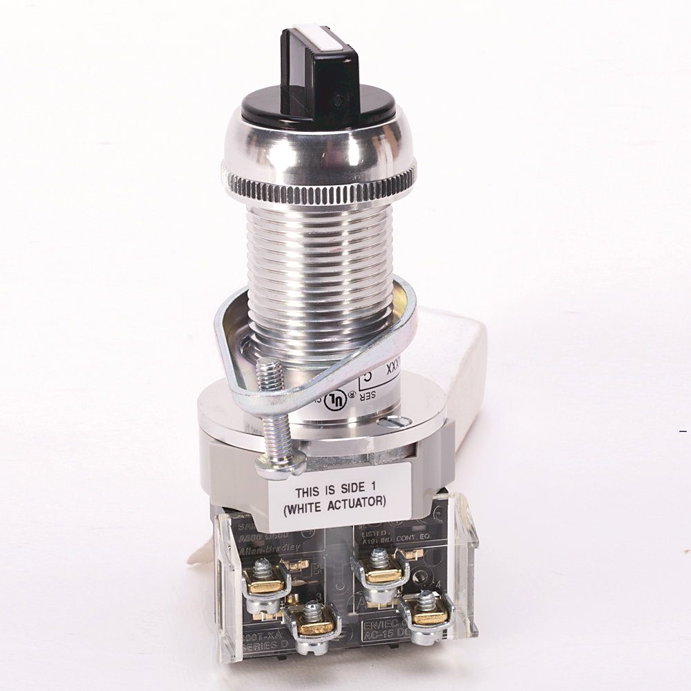 800H-JP91KB7AXXX - Interruptor de selección de 3 posiciones para áreas peligrosas, tipo 7 y 9, sin iluminación, longitud de cilindro estándar, blanco, perilla estándar con resorte de retorno frontal/trasero