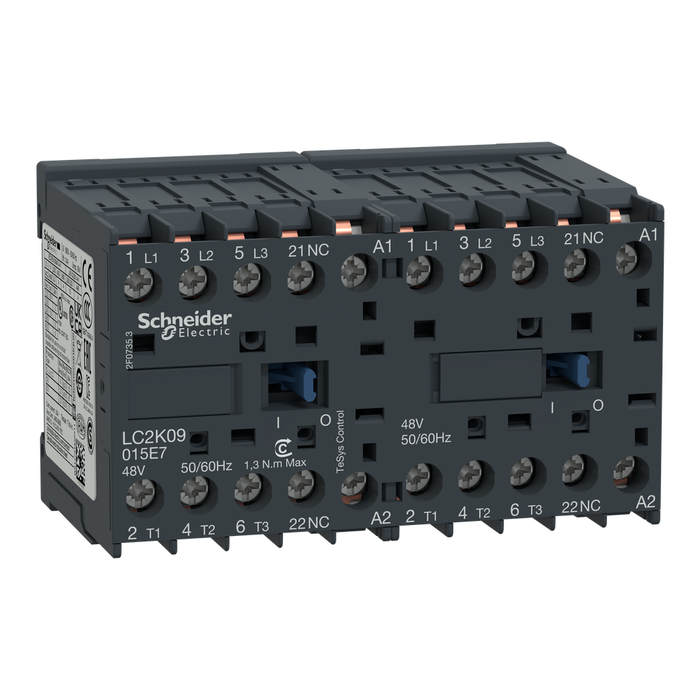 LC2K09015E7 - Reversing contactor, TeSys K, 3P, AC-3, lt or eq to 440V 9A, 1 NC, 48VAC coil