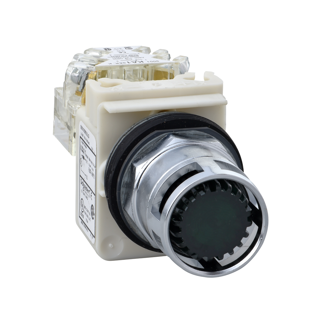 9001K3L35LGGH13 - Pulsador iluminado, Harmony 9001K, metal, protección metálica al ras, verde, 30 mm, retorno por resorte, LED verde, 24...28 V, 1 C/O