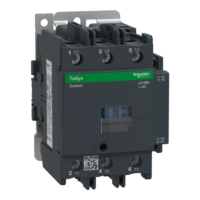 LC1D80R7 - IEC contactor, TeSys Deca, nonreversing, 80A, 60HP at 480VAC, up to 100kA SCCR, 3 phase, 3 NO, 440VAC 50/60Hz coil, open