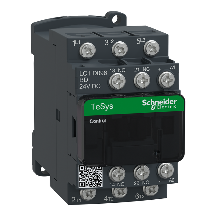 LC1D096BD - IEC contactor, TeSys Deca, nonreversing, 9A, 5HP at 480VAC, 3 phase, 3 pole, 3 NO, 24VDC coil, open style