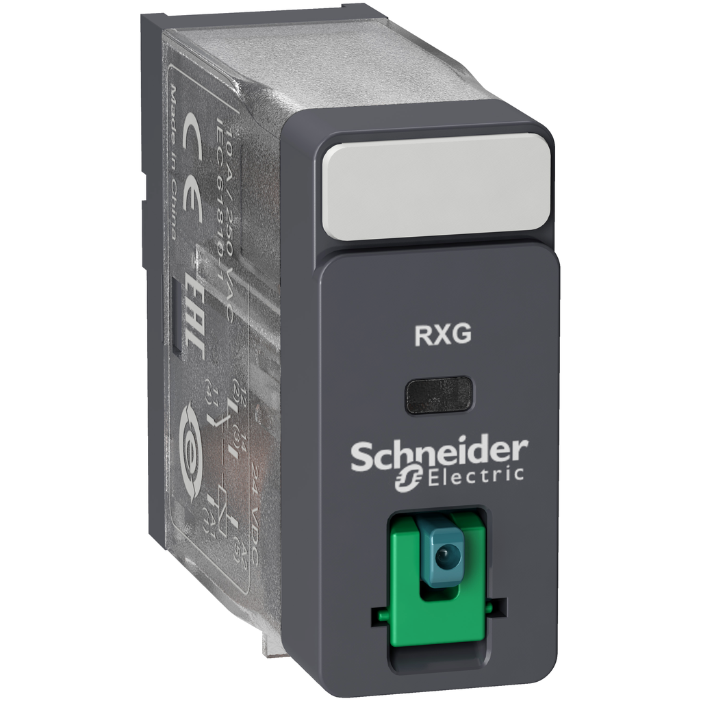 RXG11JD - Relé enchufable de interfaz, relés electromecánicos Harmony, 10 A, 1 CO, botón de prueba bloqueable, 110 V CC