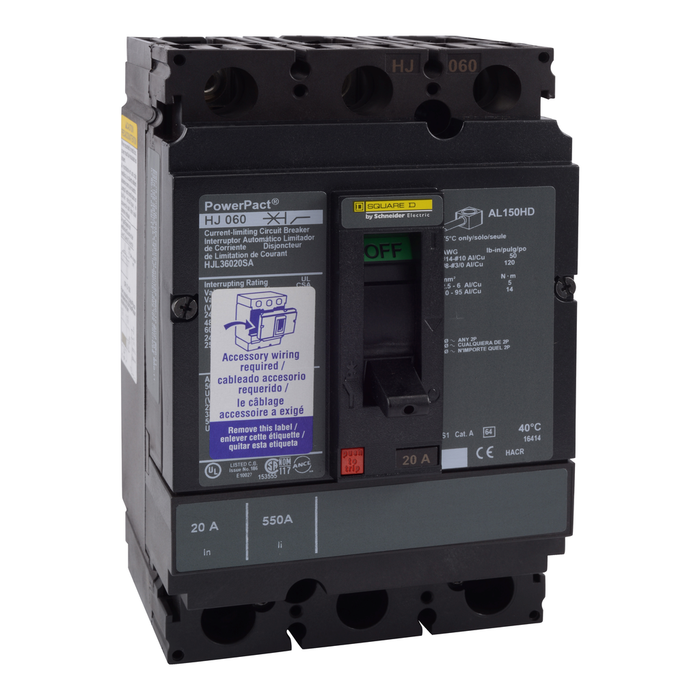 HJL36030C - Circuit breaker, PowerPacT H, 30A, 3 pole, 600VAC, 25kA, lugs, thermal magnetic, 100%