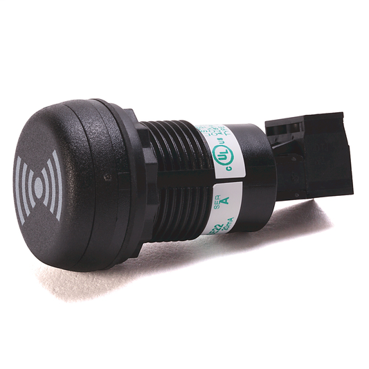 855P-B20SE22 - Sirena de montaje en panel 855P, carcasa negra, 240 V CA, alarma cerrada pequeña de 30 mm, salida de 72 dB, orificio de montaje de 22,5 mm