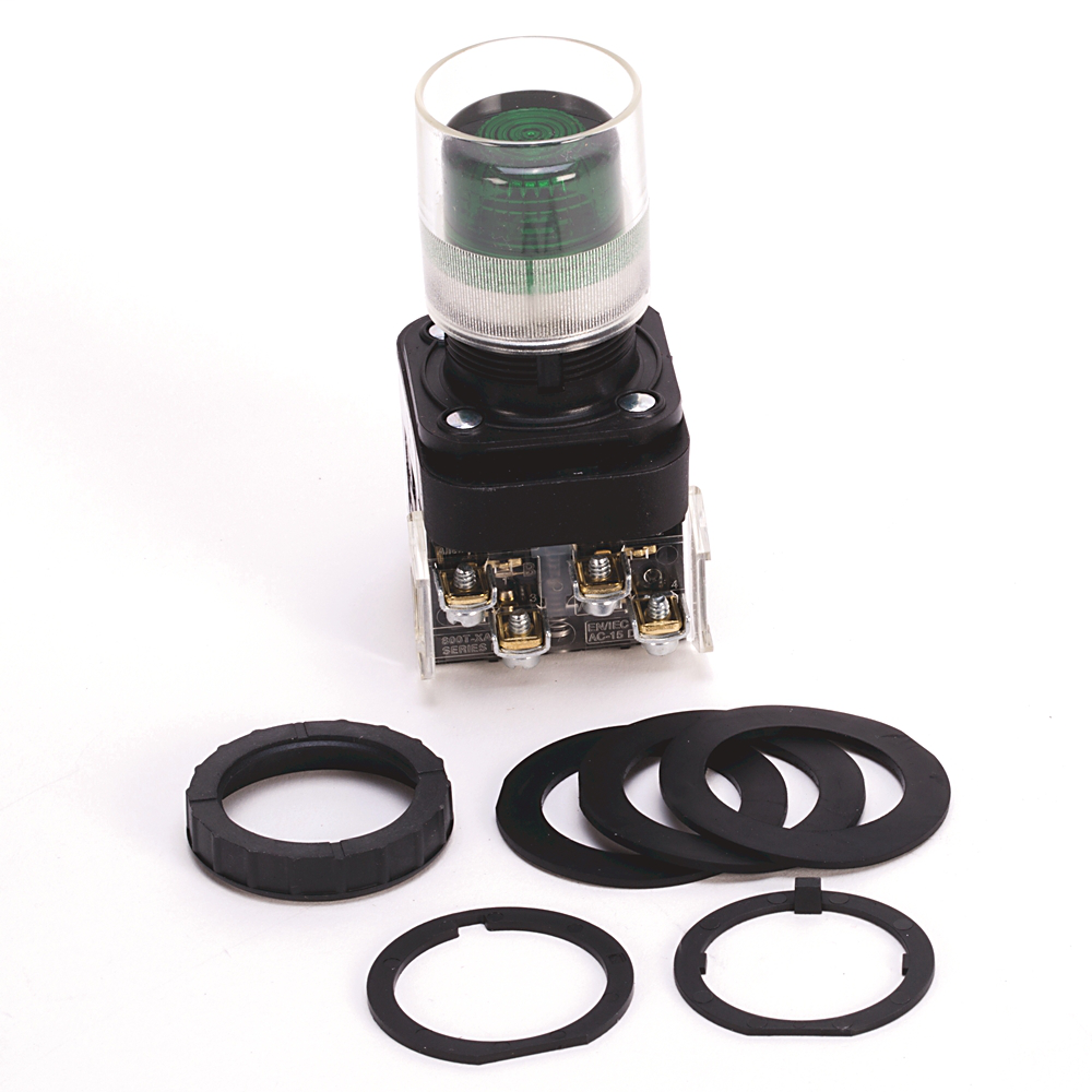 800H-PRAH26G - 30.5mm Type 4/4X/13 Mom. Contact PB-Illum., Green, Ext. Hd w/ Guard, LED, 240V AC 50/60 Hz, 1 NO-1 NC