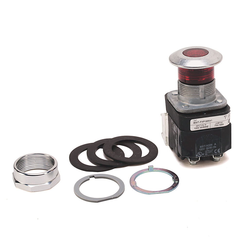 800T-FXP16RA - 30.5mm Type 4/13 2 Pos. PB-Illum., Push-Pull, Red, Mushrm Hd, Incand., 120V AC 50/60 Hz, 1 NO-1 NC