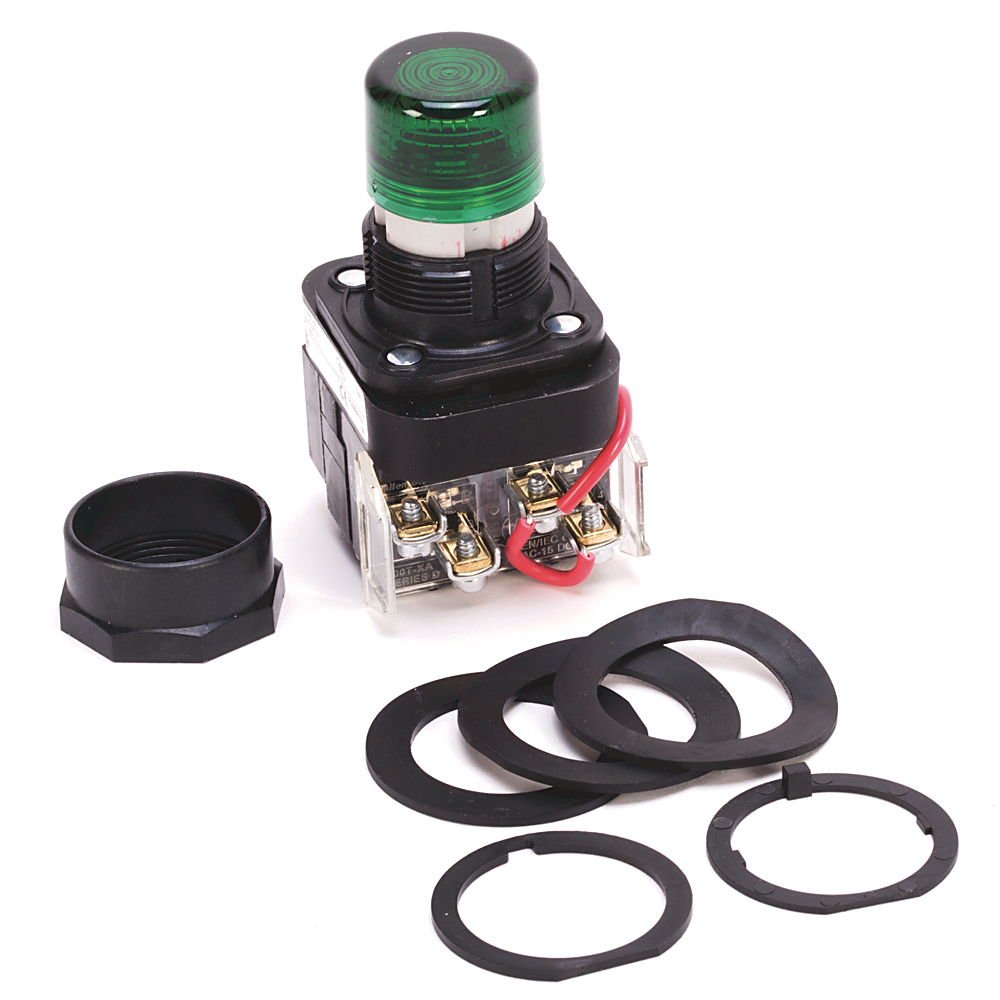 800H-PRTH16G - Piloto luminoso tipo 4/4X/13 de 30,5 mm, Xfmr, pulsador de prueba, LED, verde, 120 V CA 50/60 Hz, 1 NA-1 NC