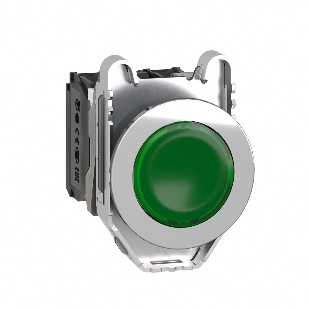 XB4FW33M5 - Illuminated push button, Harmony XB4, metal, green flush mounted, 30mm, universal LED, plain lens, 1NO + 1NC, 230V AC