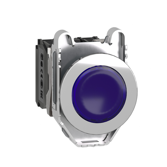 XB4FW36B5 - Illuminated push button, Harmony XB4, metal, blue flush mounted, 30mm, universal LED, plain lens, 1NO + 1NC, 24V AC DC