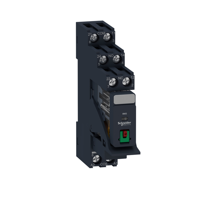 RXG21B7PV - interface plug in relay, Harmony Electromechanical Relays, 5A, 2CO, with LED, pre assembled, lockable test button, 24V AC