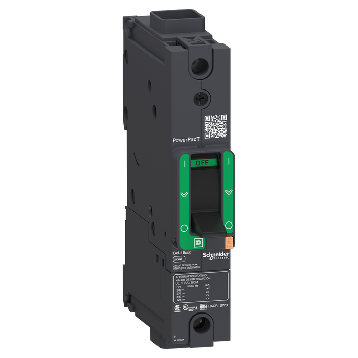 BDF16015 - Circuit breaker, PowerPacT B, 15A, 1 pole, 600Y/347VAC, 14kA, terminal nut, thermal magnetic, 80%