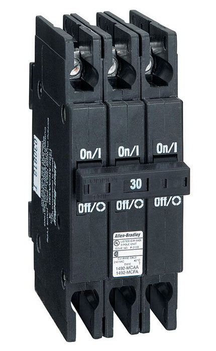 1492-MCAA315 - 1492-MC Circuit Breaker, 1492 Miniature Circuit Breaker, 240 V AC, Circuit Breaker - 1/2" wide per pole, DIN rail mounting, 10 kA, 3 Poles, 15 Amps, Standard Terminal, None