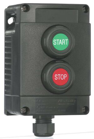 800G-2JLME4A1 - Área peligrosa, clasificación IP 66, estación completa de dos orificios con 3 posiciones de acero inoxidable, PP Mush PB, entrada inferior, conector de conducto NPT de 1/2"