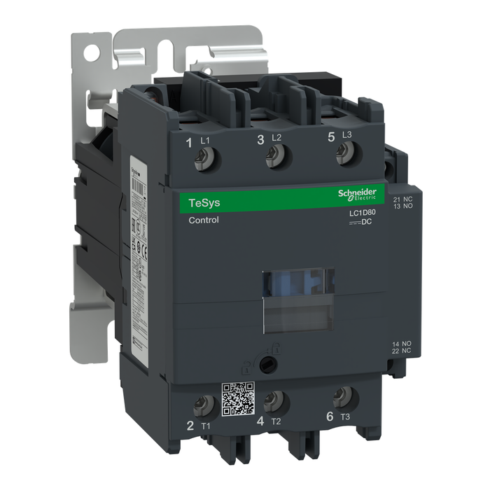 LC1D80GD - IEC contactor, TeSys Deca, nonreversing, 80A, 60HP at 480VAC, up to 100kA SCCR, 3 phase, 3 NO, 120VDC coil, open style