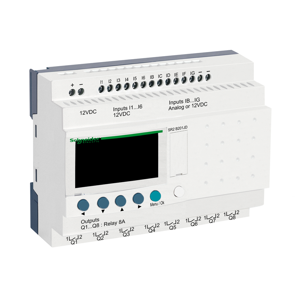 SR2B201JD - Relé inteligente compacto, Zelio Logic SR2 SR3, 20 E/S, 12 V CC, reloj, pantalla