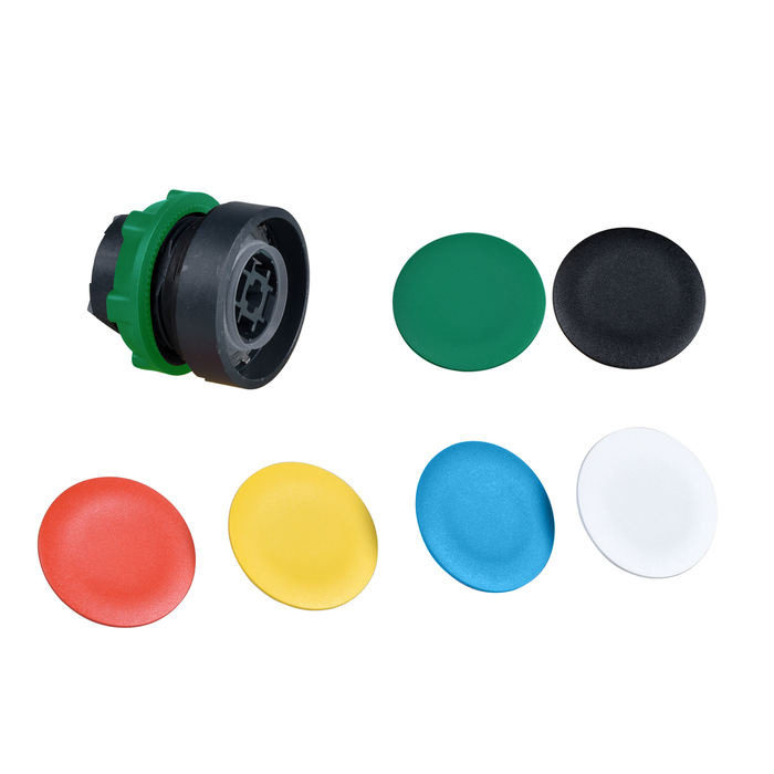 ZB5AA9 - Push button head, Harmony XB5, plastic, flush, 22mm, spring return, with 6 coloured caps unmarked