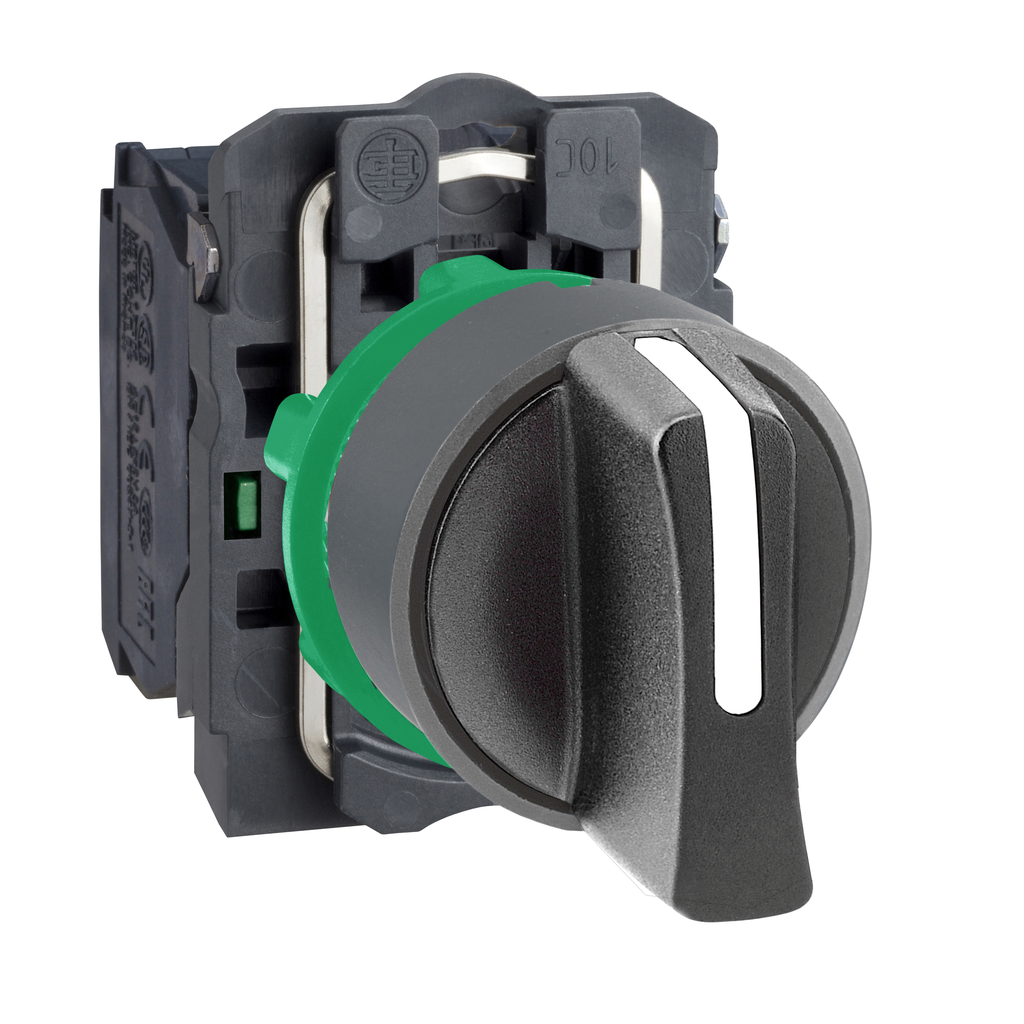 XB5AD53C0 - Selector switch, Harmony XB5, grey bezel, 22mm, 3 positions, black standard handle, spring return, 2NO