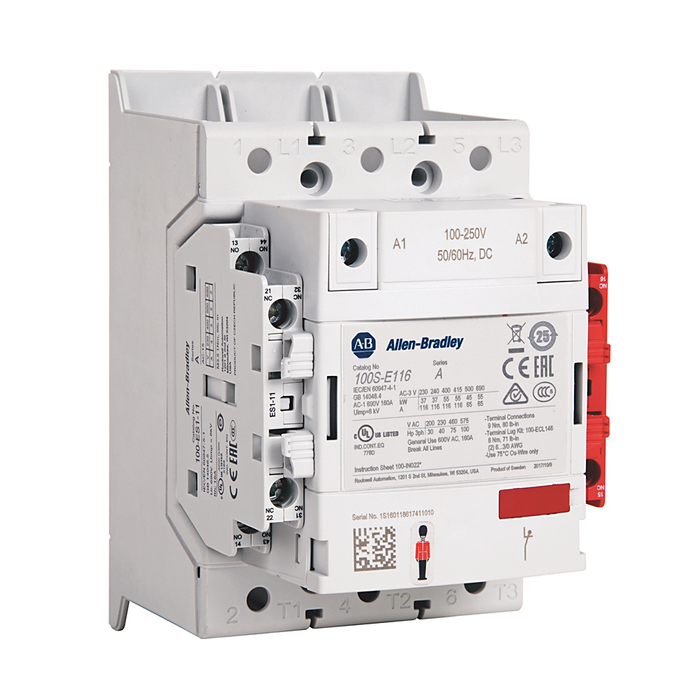 100S-E MCS-E Safety Contactor, 265A, AC3 duty, 100-250V AC 50/60Hz / 100-250V DC Electronic Coil, 1 N.O. 1 N.C. Standard & 0 N.O. 1 N.C. Lower Power Auxiliary Contacts