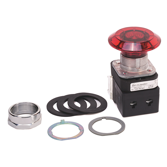 800T-FXJQH2R - 30.5mm Type 4/13 2 Pos. PB-Illum., Push-Pull, Red, Jumbo Mushrm Hd, LED, 12-130V AC/DC, No Contacts