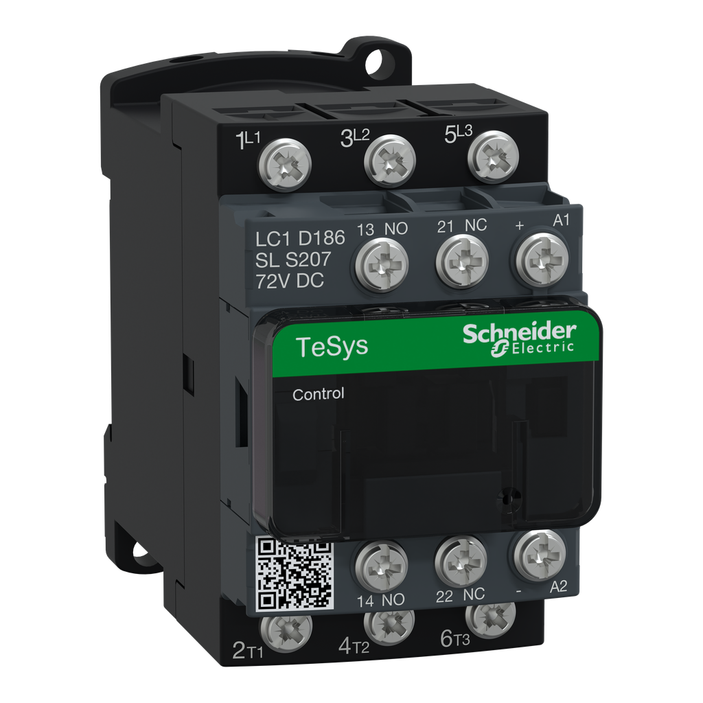 LC1D186SLS207 - IEC contactor, TeSys D, nonreversing, 18A, 10HP at 480VAC, 3 phase, 3 pole, 3 NO, low consumption 72VDC coil, open style