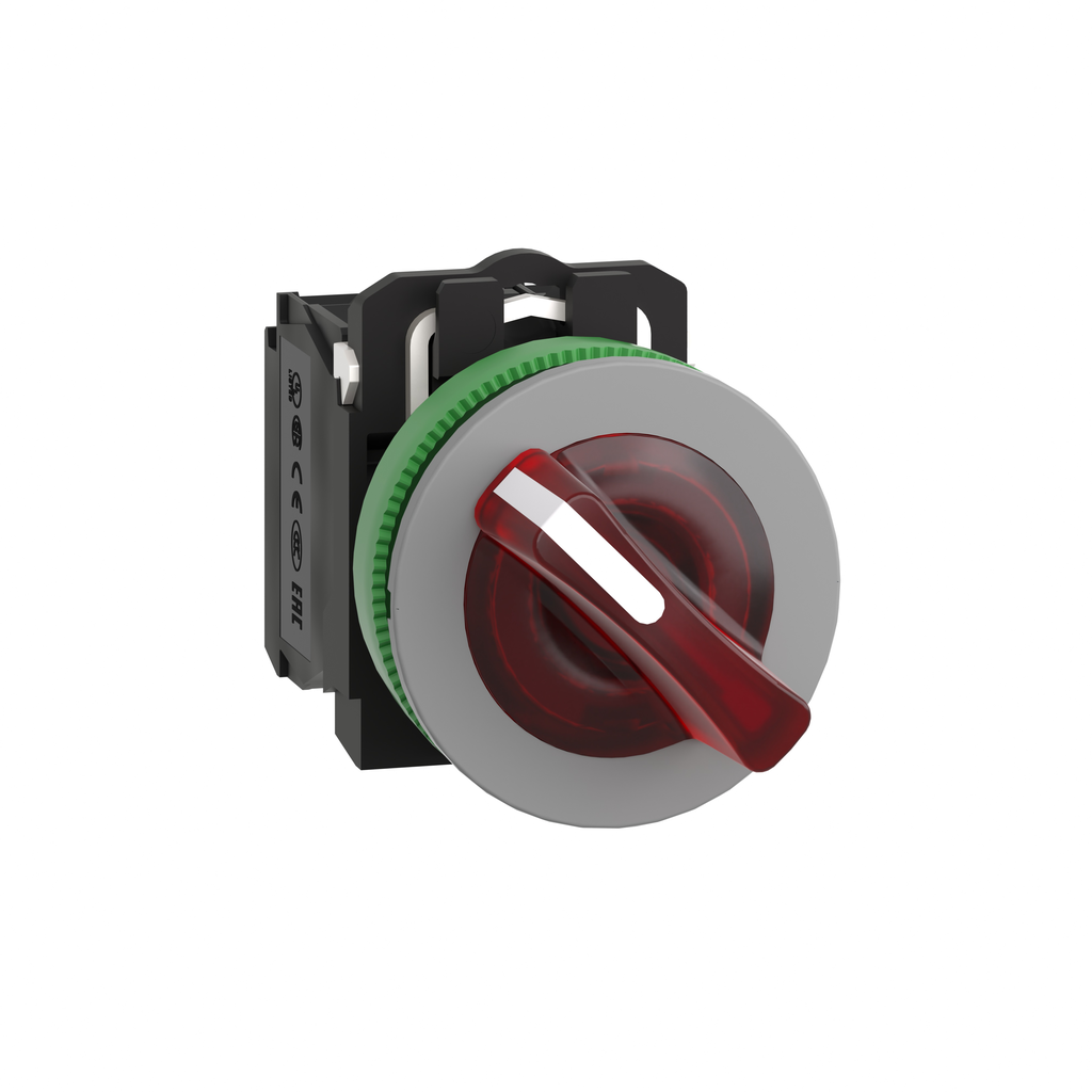 XB5FK124M5C0 - Selector luminoso, Harmony XB5, bisel gris, mango rojo, LED universal, 2 posiciones, 1 NO + 1 NC, 230 V CA