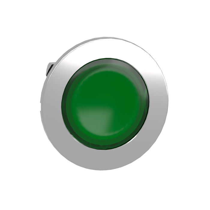 Head for illuminated push button, Harmony XB4, metal, green flush mounted, 30mm, universal LED, unmarked