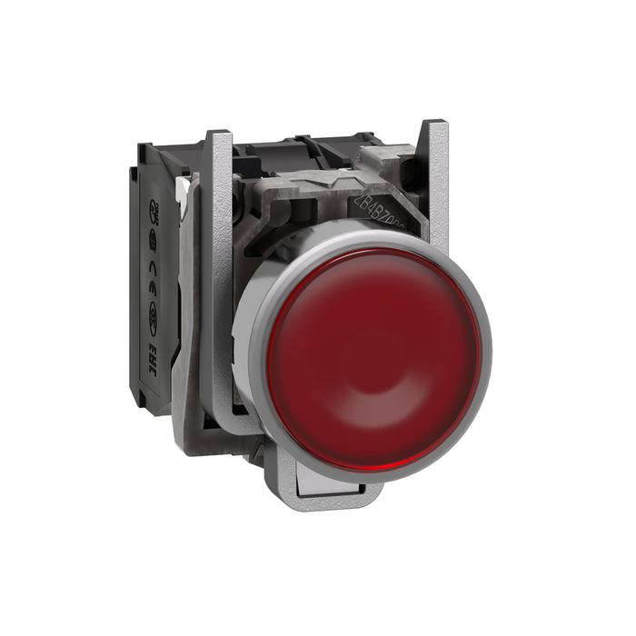 XB4BW34B5 - Illuminated push button, Harmony XB4, metal, red flush, 22mm, universal LED, plain lens, 1NO + 1NC, 24V AC DC