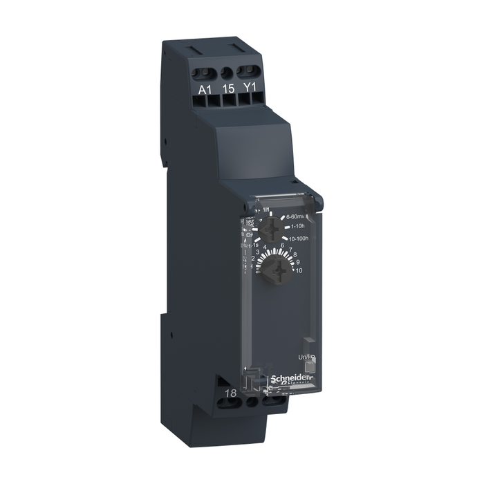 RE17RCMUS - Modular timing relay, Harmony, 8A, 1CO, 1s..100h, off delay, spring terminals, 24V DC 24...240V AC DC