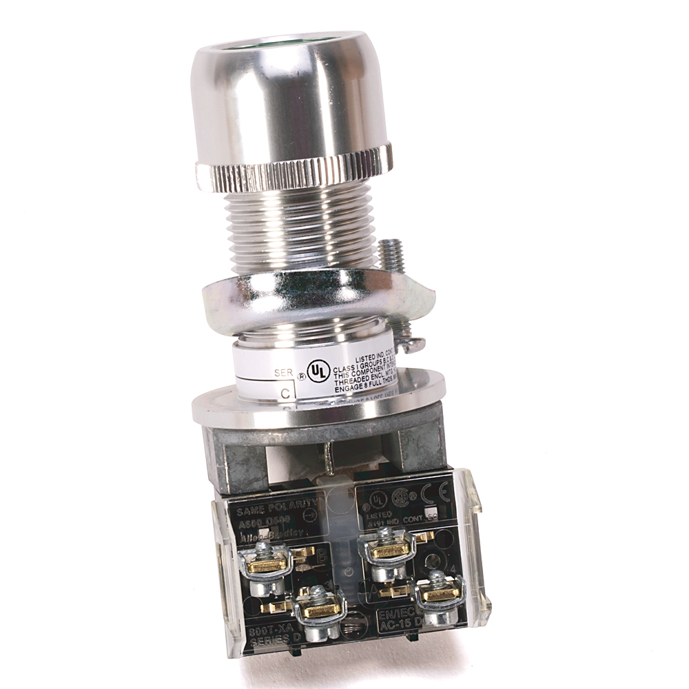 800H-AP7D1 - Contacto momentáneo PB para áreas peligrosas, tipo 7 y 9, sin iluminación, longitud de cilindro estándar, cabezal empotrado, azul, 1 NA