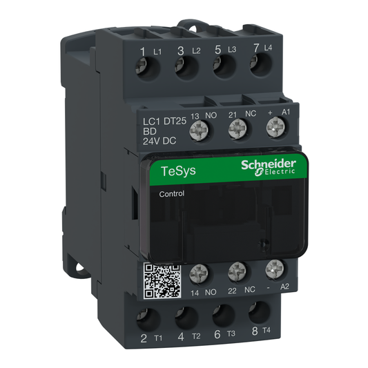 LC1DT25BD - Contactor IEC, TeSys Deca, no inversor, resistivo de 25 A, 4 polos, 4 NA, bobina de 24 V CC, estilo abierto