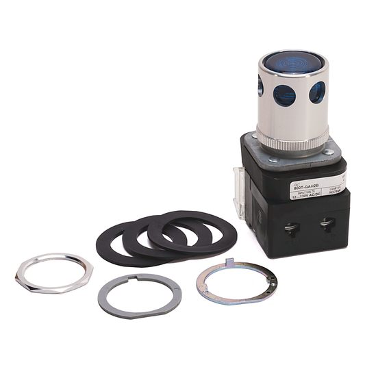 800TC-QAH2BA2 - Contacto de 30,5 mm tipo 4/13, PB-Ilum., azul, extremo abierto con protección, LED, 12-130 V CA/CC, 2 NA, protección para dedos