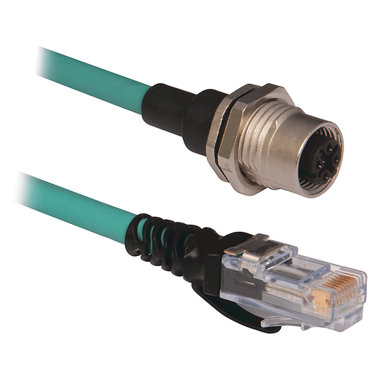 1585D-D4UBJM-0M3 - Cables Ethernet 1585, 4 conductores, M12, receptáculo hembra de montaje frontal, estándar, RJ45, macho recto, PUR verde azulado, blindado, 100BASE-TX, 100 Mbit/s, alta flexibilidad, PUR, libre de halógenos, 10 millones de ciclos